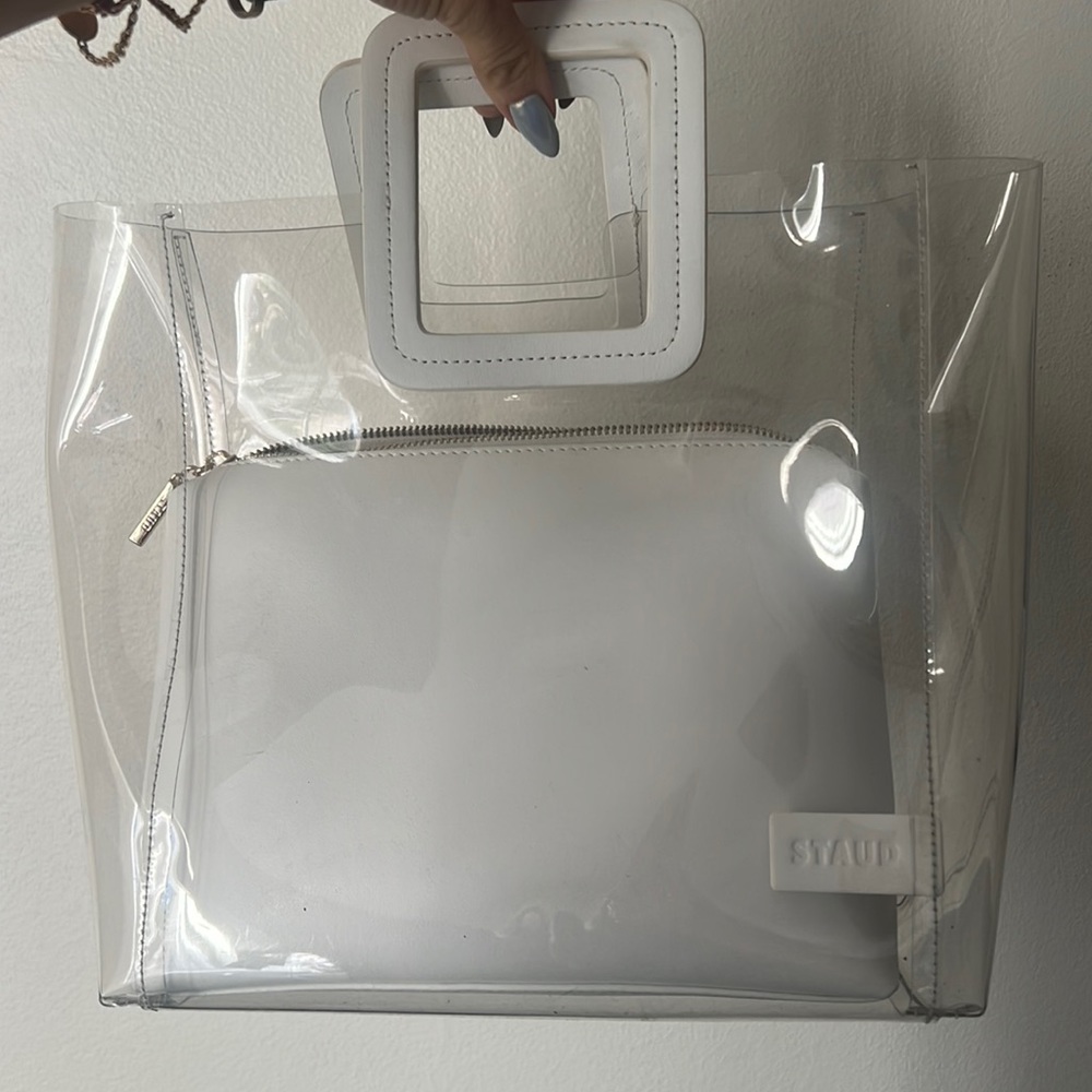 Staud Shirley PVC bag w/ white leather handles and removable white leather pouch